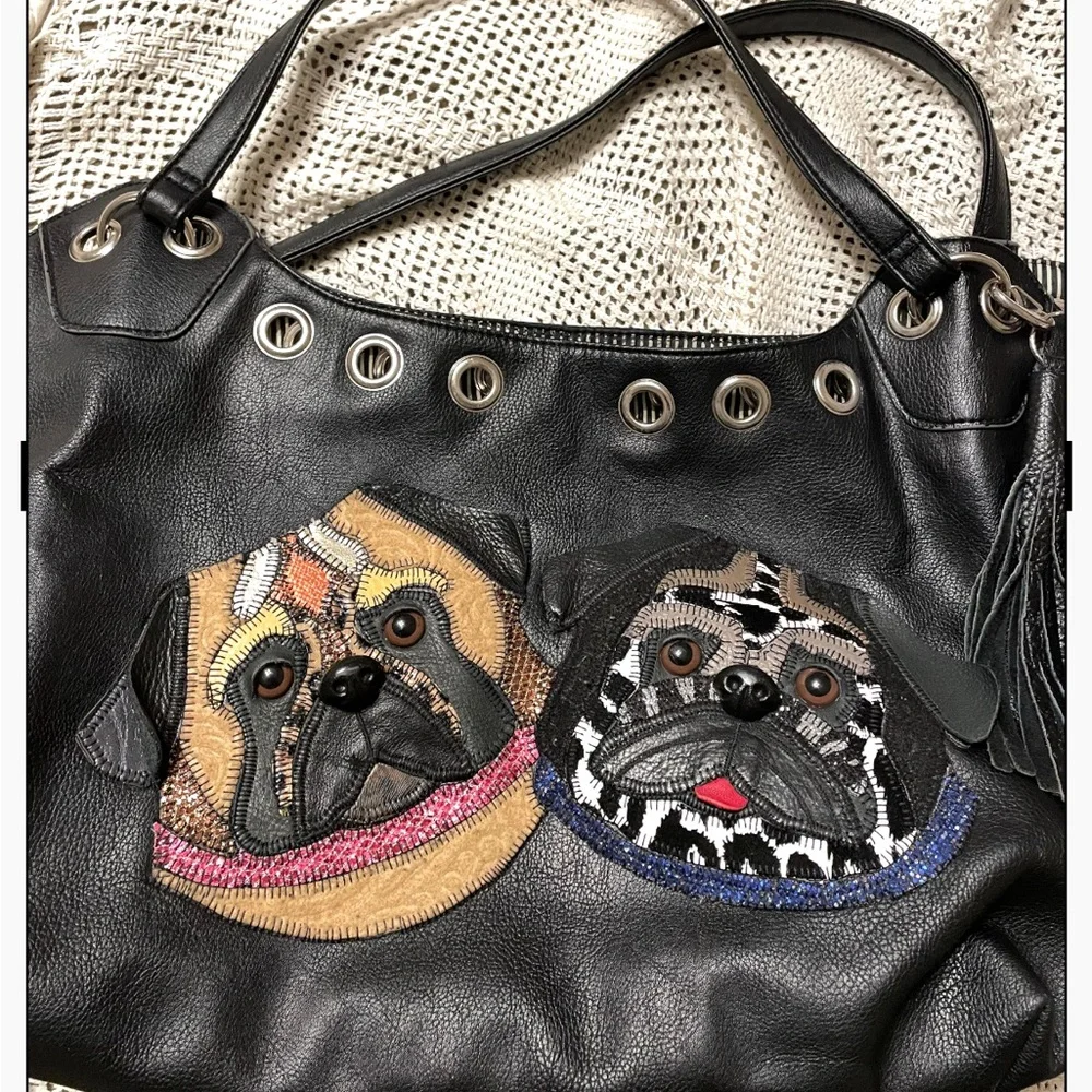 Handmade Black Leather Pug Bag - Picture 3 of 12